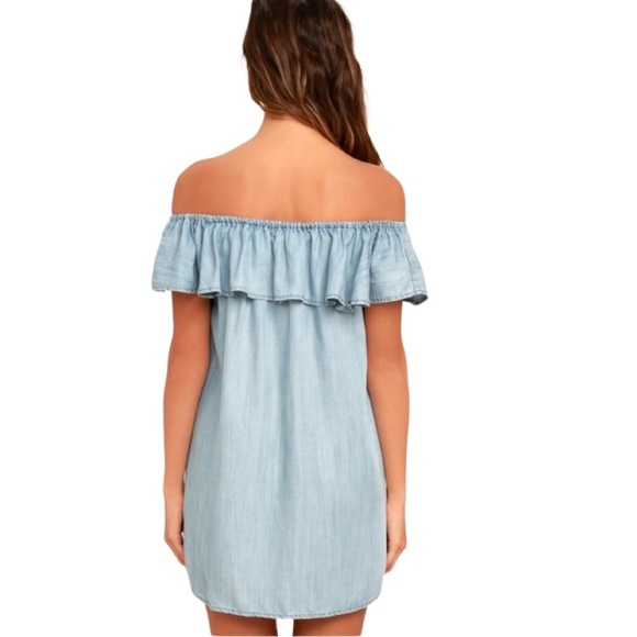 Lulus Standout Style Light Blue Chambray Off The Shoulder Dress - Picture 3 of 6